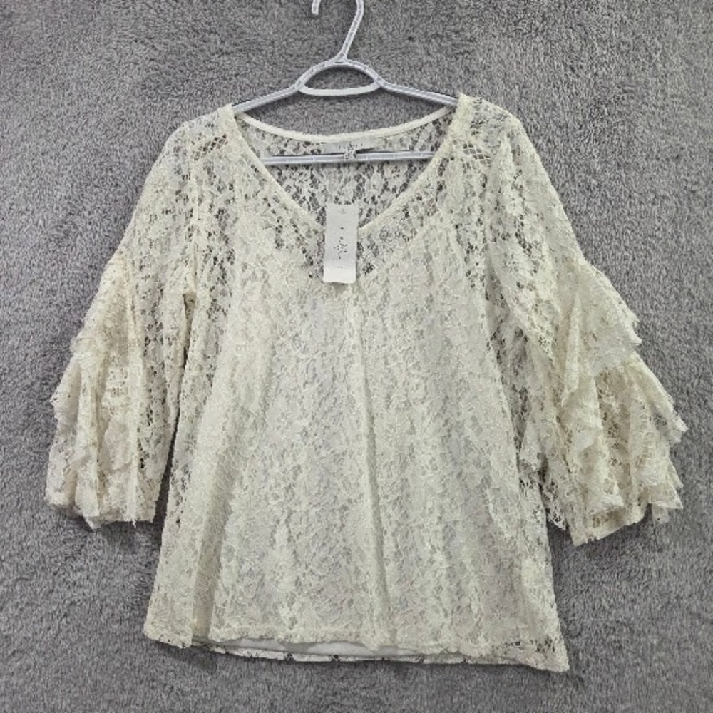 Fever Lace Blouse Medium Ivory V-Neck Ruffle Tiered 3/4 Bell Sleeve Victorian